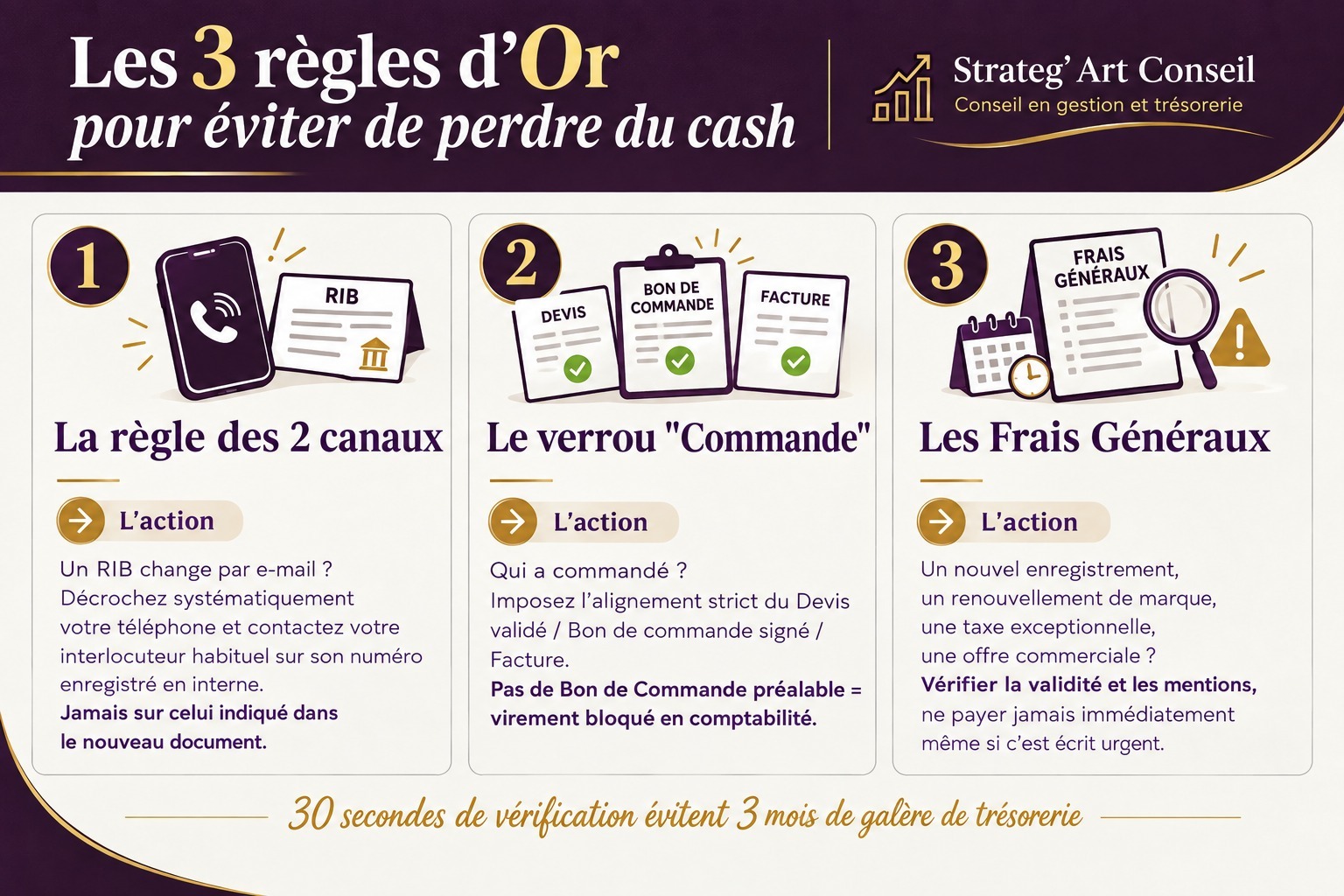 Les trois règles d’or pour éviter de perdre du cash : vérifier les coordonnées par deux canaux, valider la commande et contrôler les frais généraux